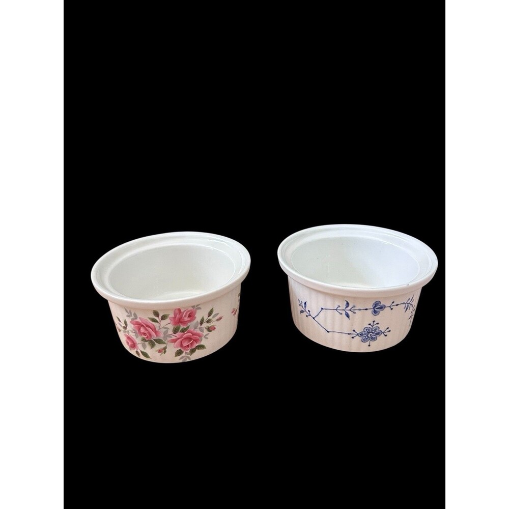 Vtg Enoch Wedgewood Tunstall  Ramekins 1 Pink Rose & 1 Blue & White Pattern
